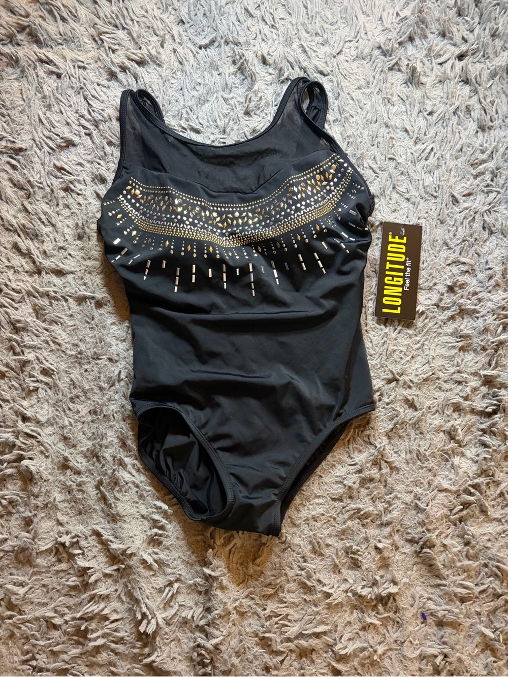NWT black Longitude gold embellishment mesh high neck Swimsuit sz 8